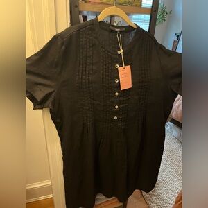 Quince Women's Black European Linen Short Sleeve Swing Dress sz L Buttons NWT